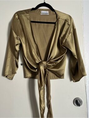 Urban Outfitters Metallic Gold Satin Tie-Front Blouse